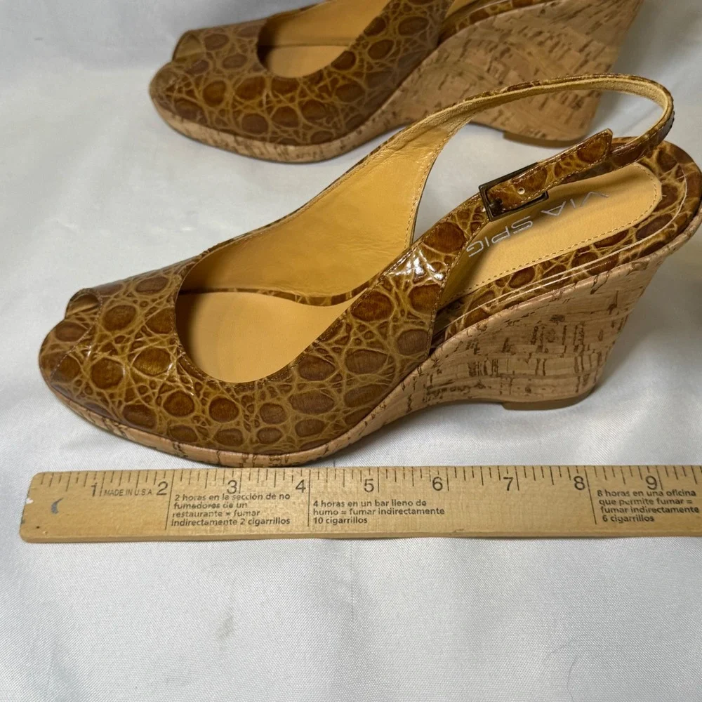 Via Spiga Brown Croc Embossed Leather Cork‎ Wedge Slingback Peep Toe Heels 9M